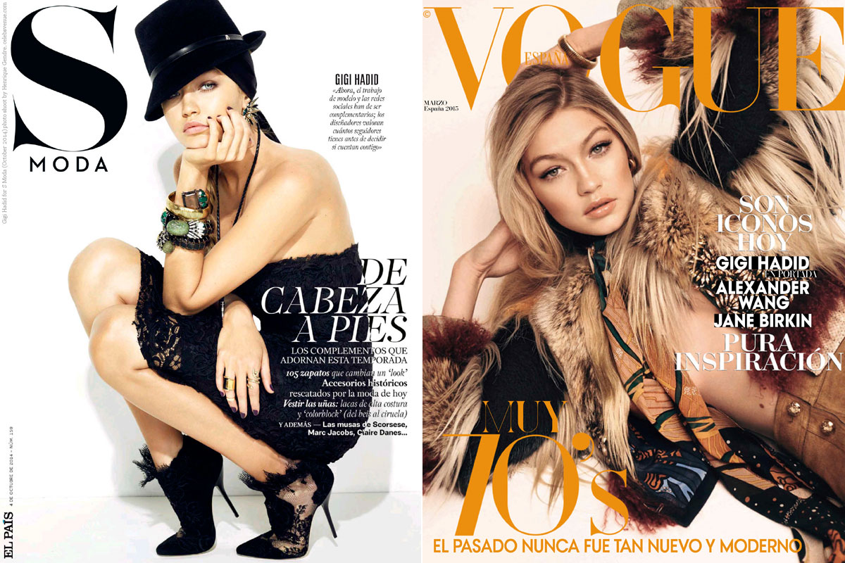 Gigi ha protagonizado numerosas portadas internacionales. En la imagen, en las cubiertas de 'S Moda' y 'Vogue España'.